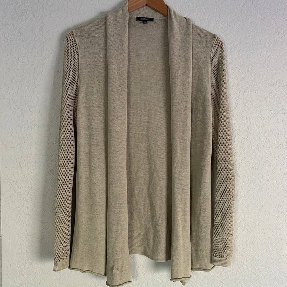 Lafayette 148 Linen Tan Long Open Sweater Lagenlook Summer Sheer Beachy Boho